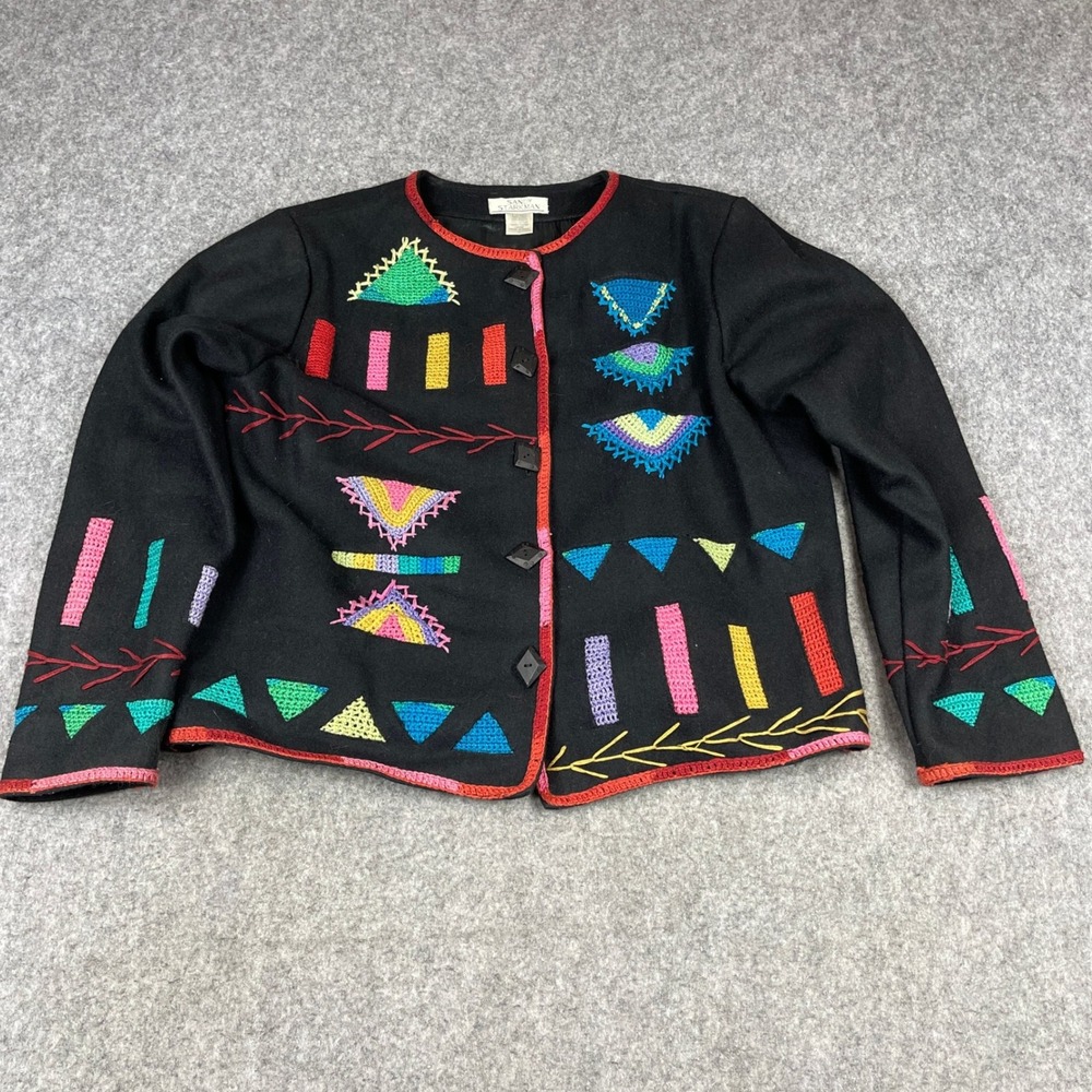 Sandy Starkman Womens Wool Blend Embroidered Art to Wear Jacket Black Multi L
